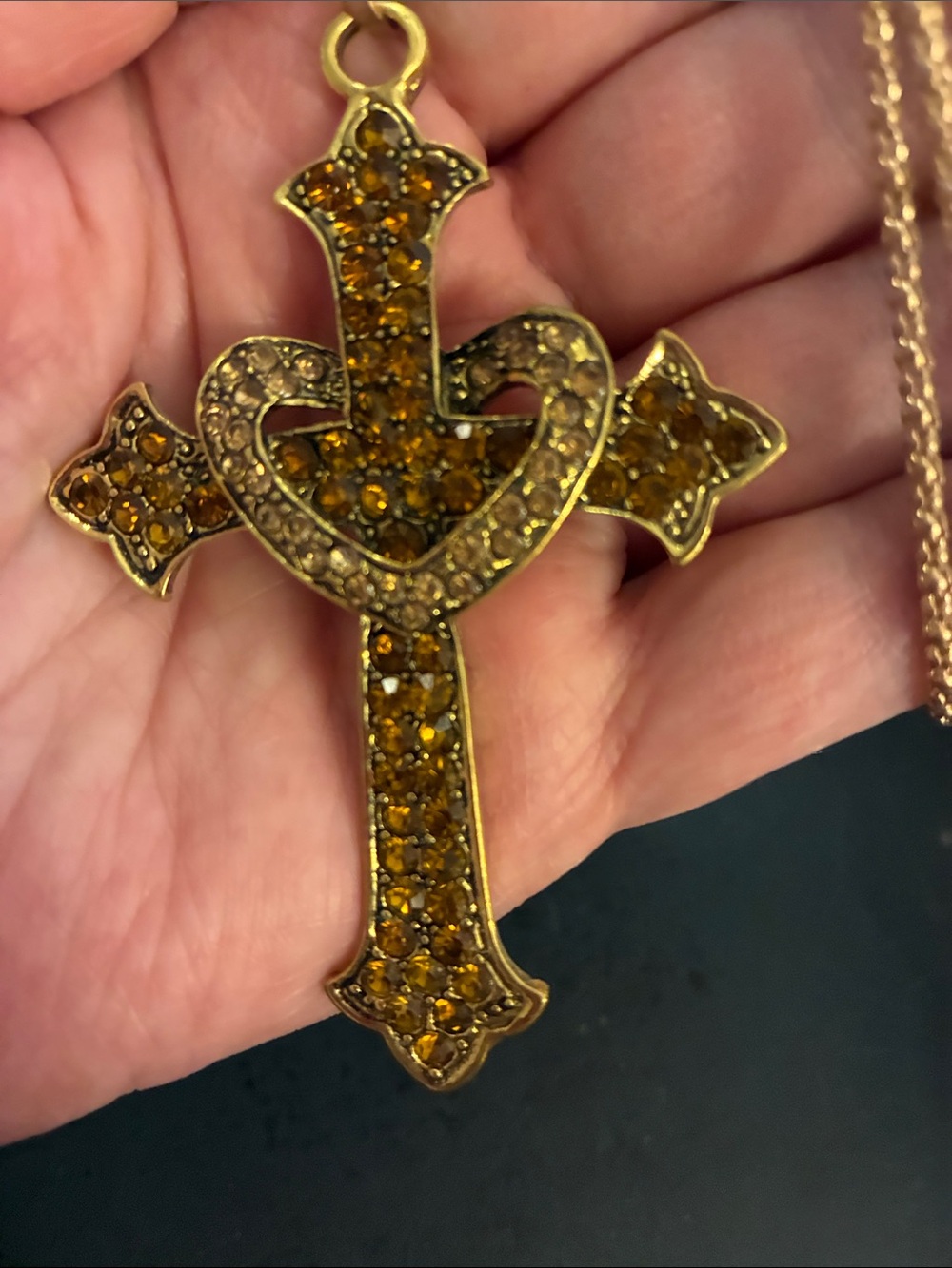 Gold-Tone Amber Crystal Cross Pendant Necklace NWOT